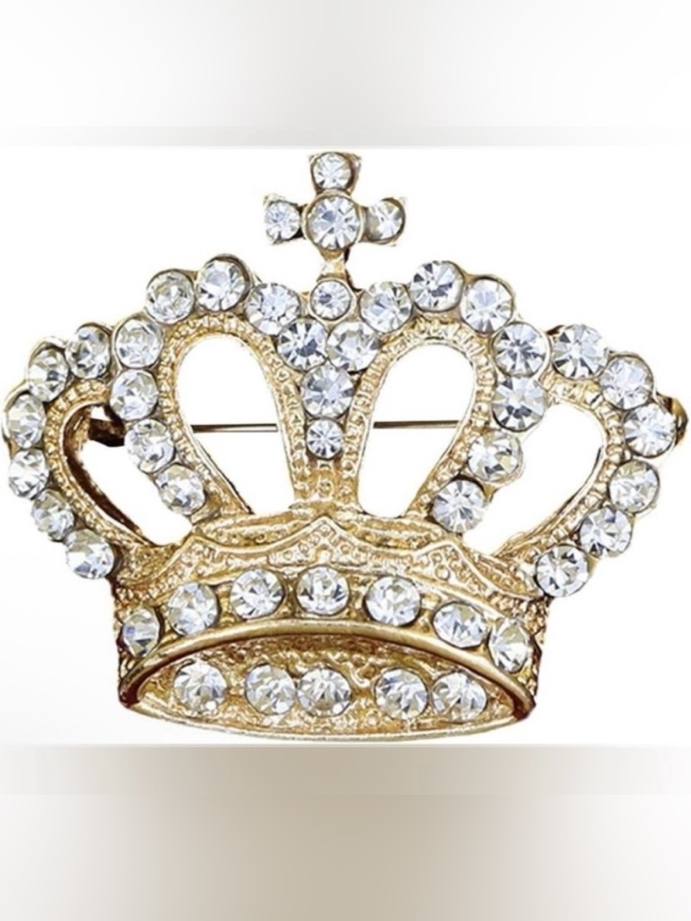Gold Crown Rhinestone Brooch - Clear Crystals